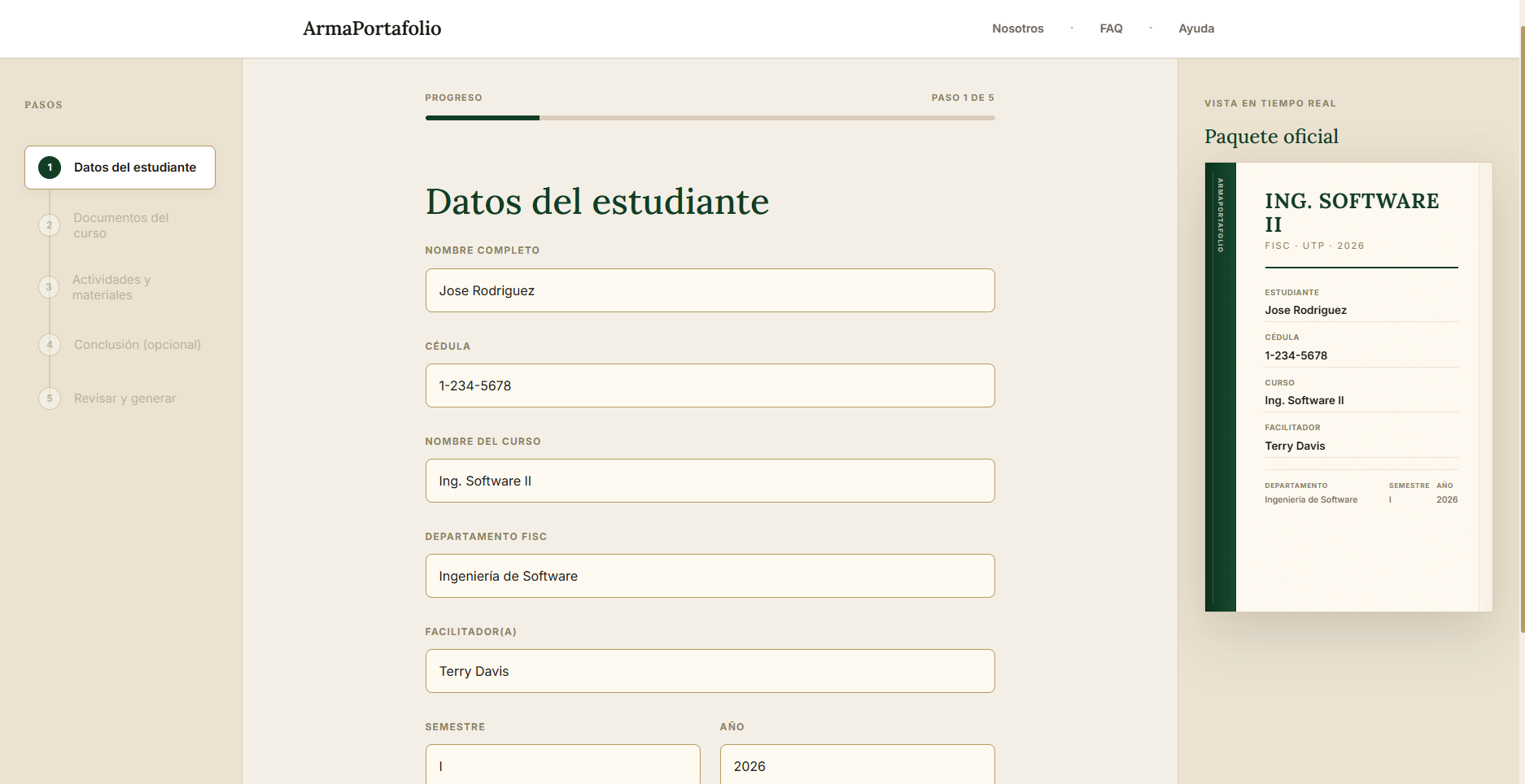 Flujo del generador con datos del estudiante, progreso por pasos y vista previa del paquete